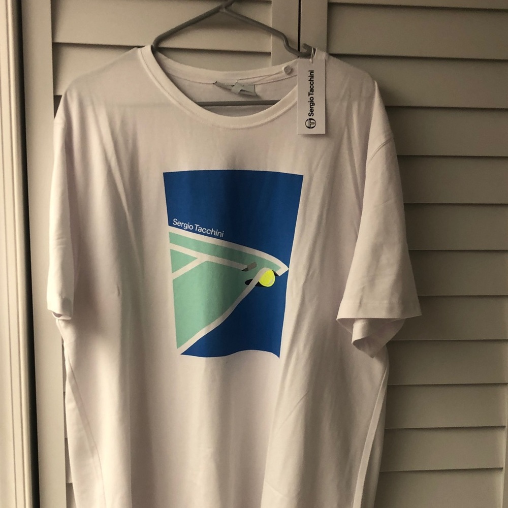 XXL Mens Sergio Tacchini White Tee with Blue and Green Graphic